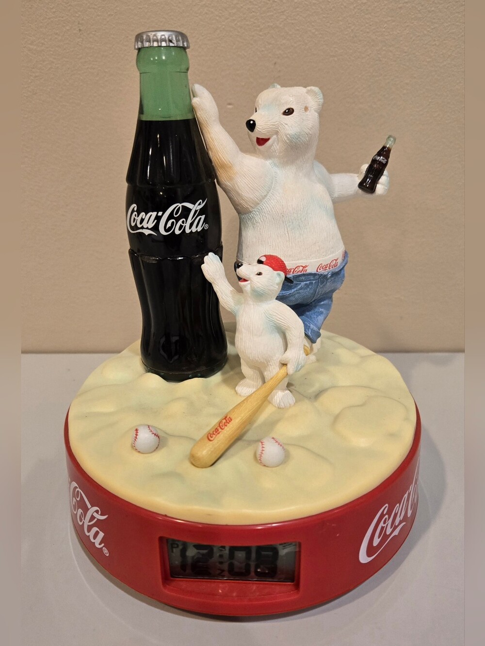 Vintage Coca-Cola White Polar Bears Baseball Themed Alarm Clock